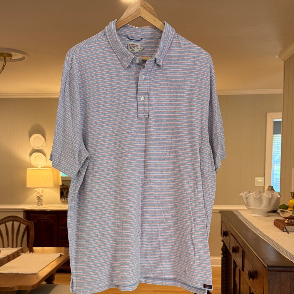 FAHERTY Men's Light Blue Red White Striped Polo Patriotic Classic Preppy XL
